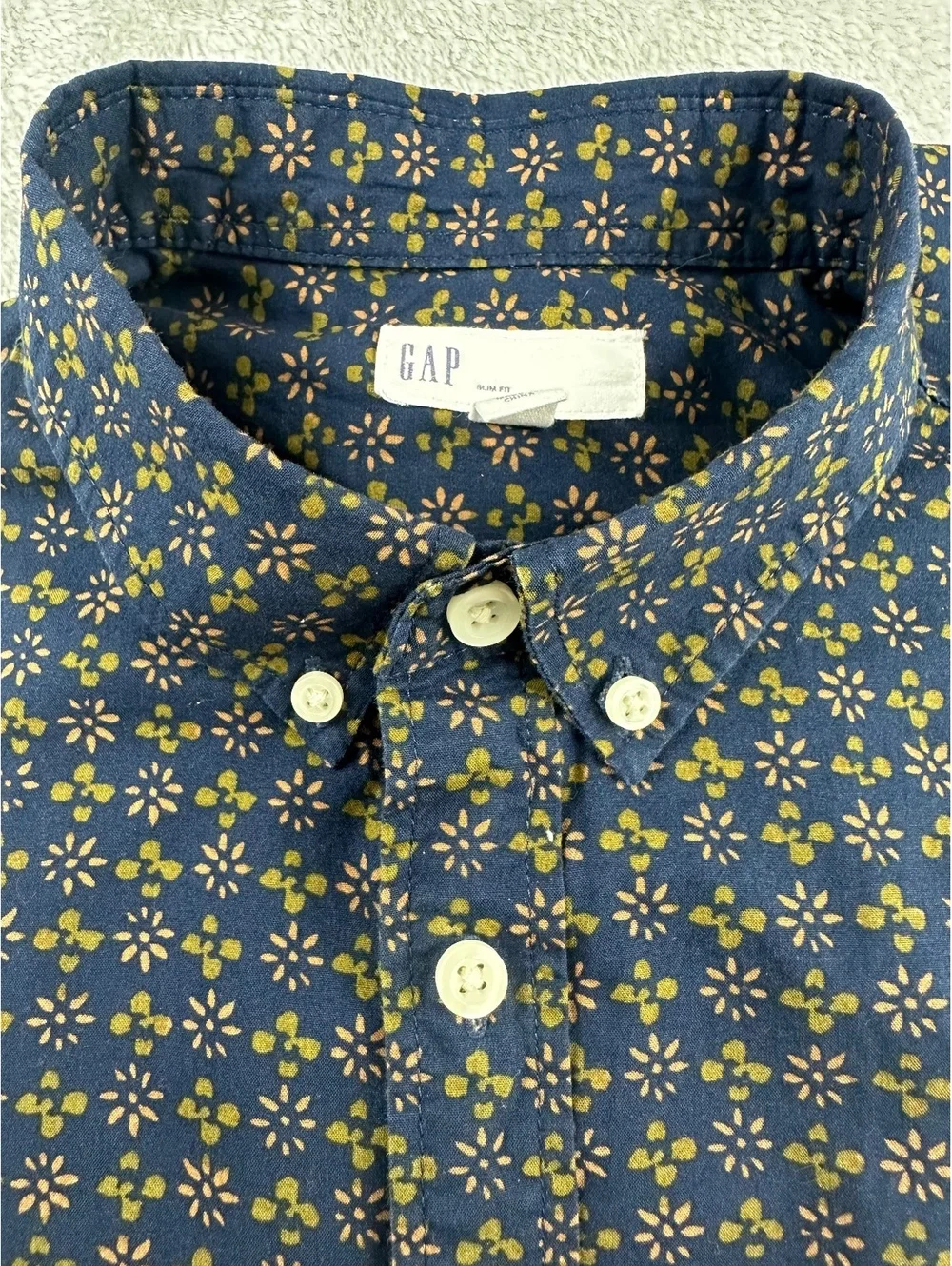 GAP Slim Fit Button Down Shirt Mens Medium Navy Floral Print Short Sleeve Cotton